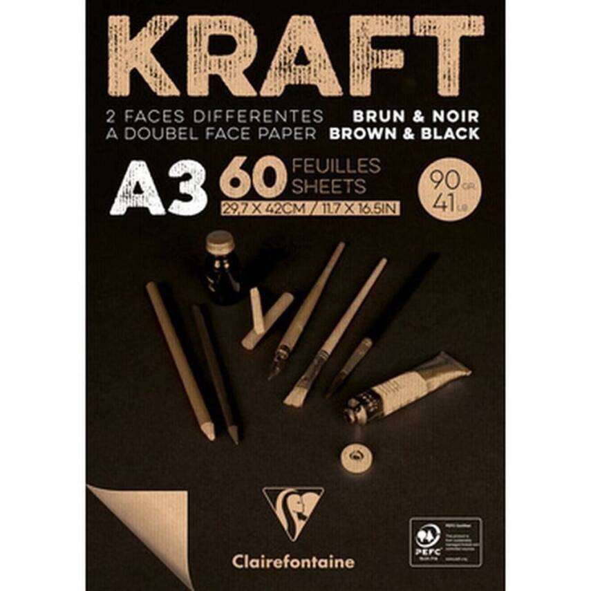 Clairefontaine Kraft Kahverengi ve Siyah Çizim Bloğu A3 90g 60 Yp - 2