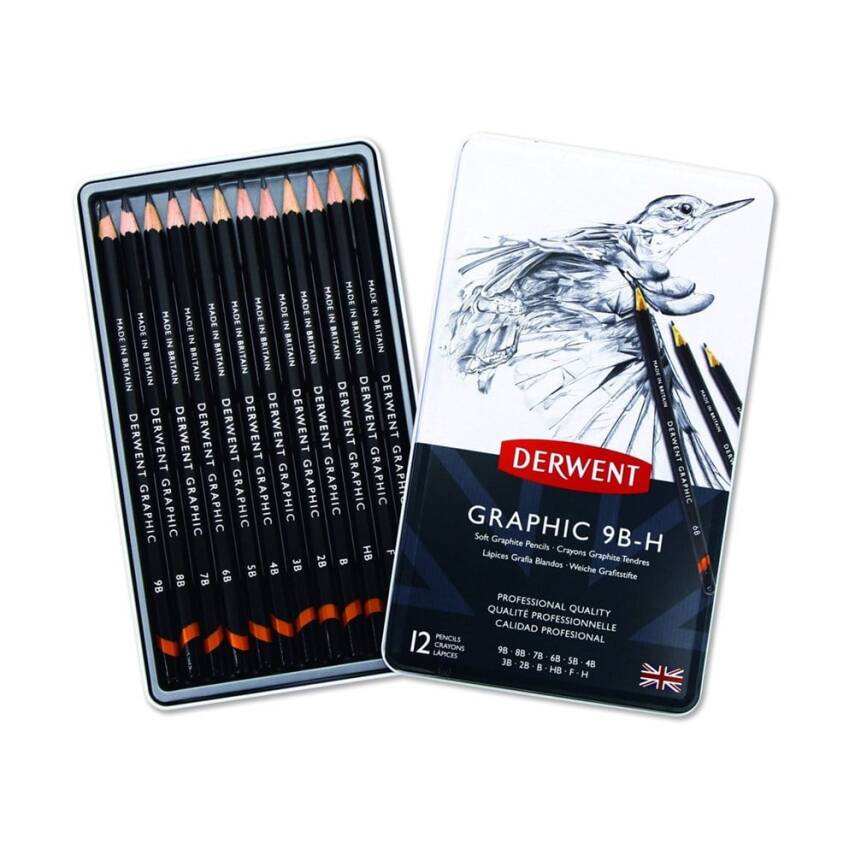 Derwent Graphic Pencil Soft Dereceli Kalem Seti 12'li Teneke Kutu Sketching Eskiz - 2