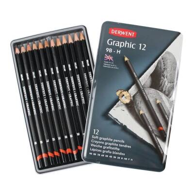 Derwent Graphic Pencil Soft Dereceli Kalem Seti 12'li Teneke Kutu Sketching Eskiz - 4