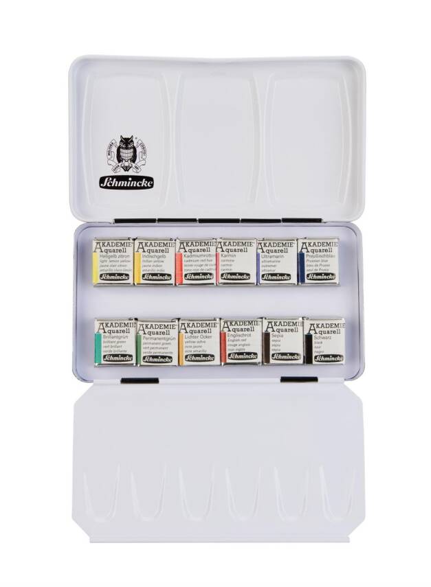Schmincke Akademie Aquarell Metal Box Watercolor Set 12 x Half Pan 75112 - 1