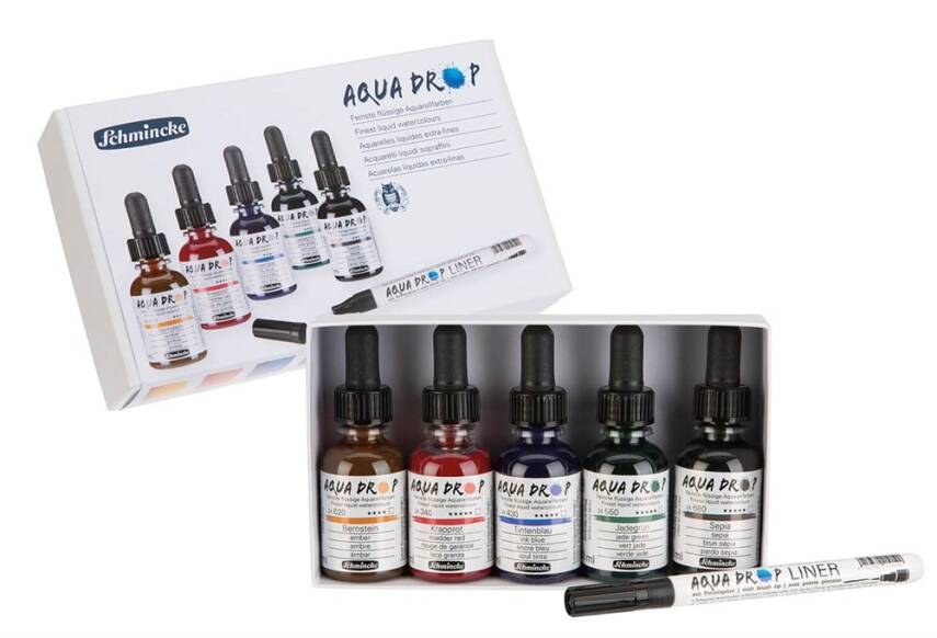 Schmincke Aqua Drop Sıvı Suluboya Seti 5li Fırça Kalem Hediyeli - 1