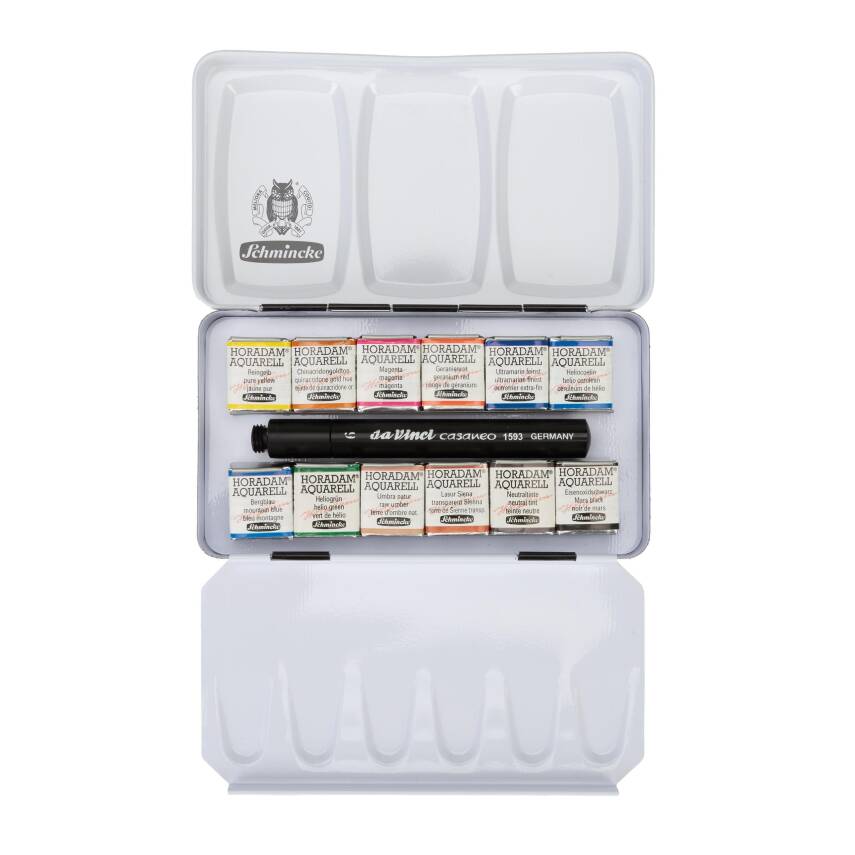 Schmincke Horadam Aquarell Travel Watercolor Set 12 x Half Pan Casaneo Brush Gift 74652 - 2