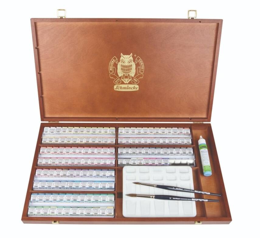 Schmincke Horadam Aquarell Wooden Box Artist Watercolour Set 140 Colour Half Pan - 1