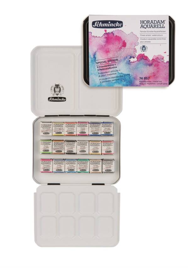 Schmincke Horadam Metal Box Special Production Basic and Metallic Colors Watercolor Set of 18 Half Pan - 1