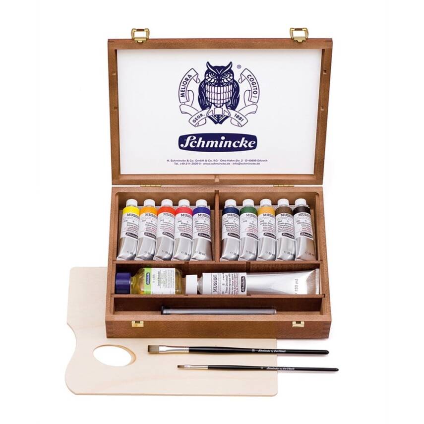 Schmincke Mussini Oil Paint Set Wooden Box 10x35 ml + white 120 ml - 1