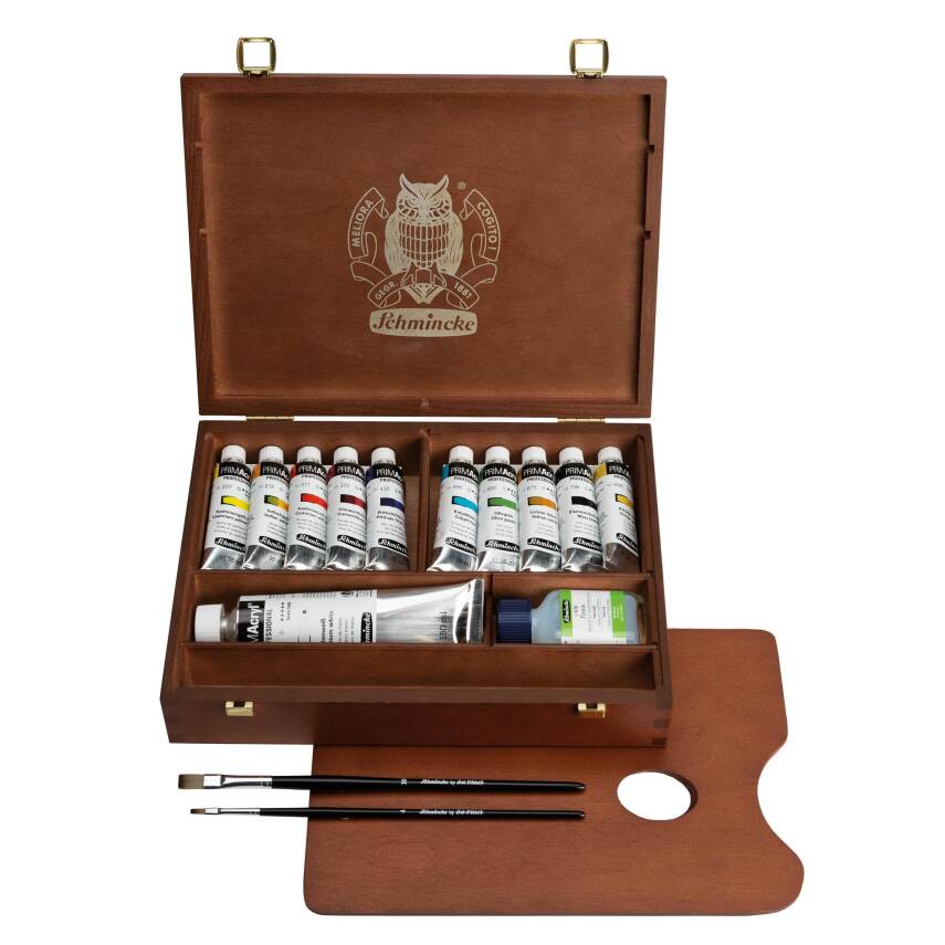 Schmincke Primacryl Artist Ahşap Kutu Akrilik Boya Seti 35 ml x 10 renk 150 beyaz ve Fırça Hediyeli - 1