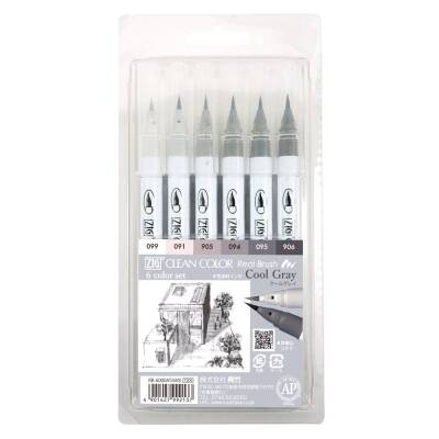 Zig Clean Color Real Brush Marker Pen 099 Cool Gray 6-Piece Set