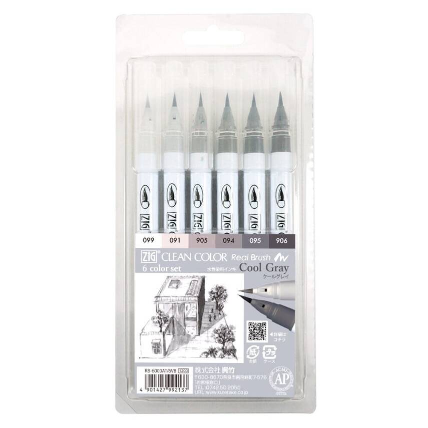 Zig Clean Color Real Brush Marker Pen 099 Cool Gray 6-Piece Set - 1